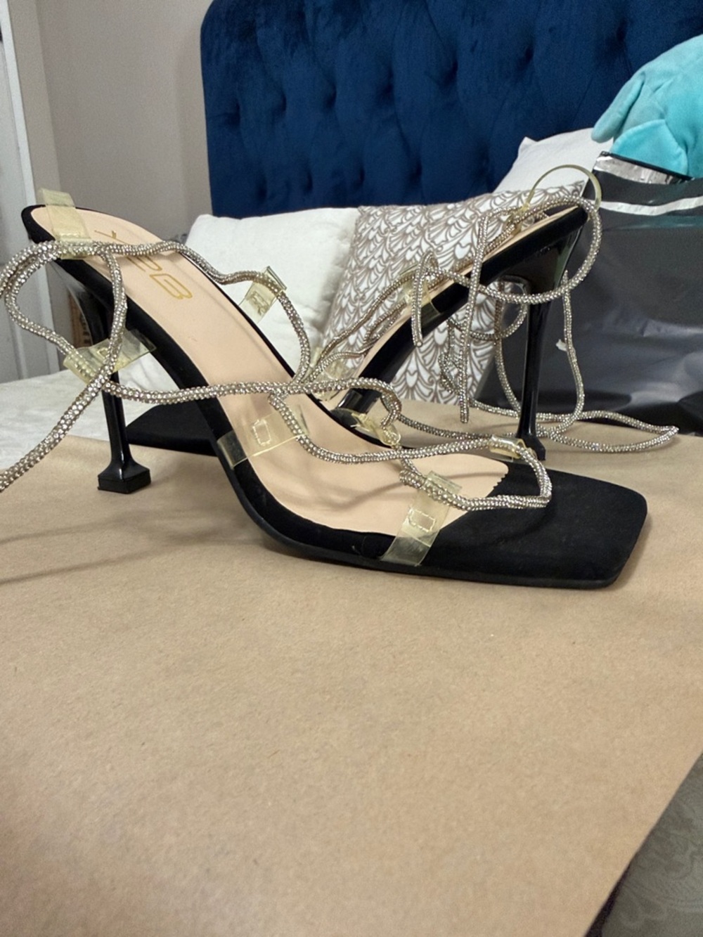 Fashion Nova Black Heels with Gold Rhinestone Wrap Straps